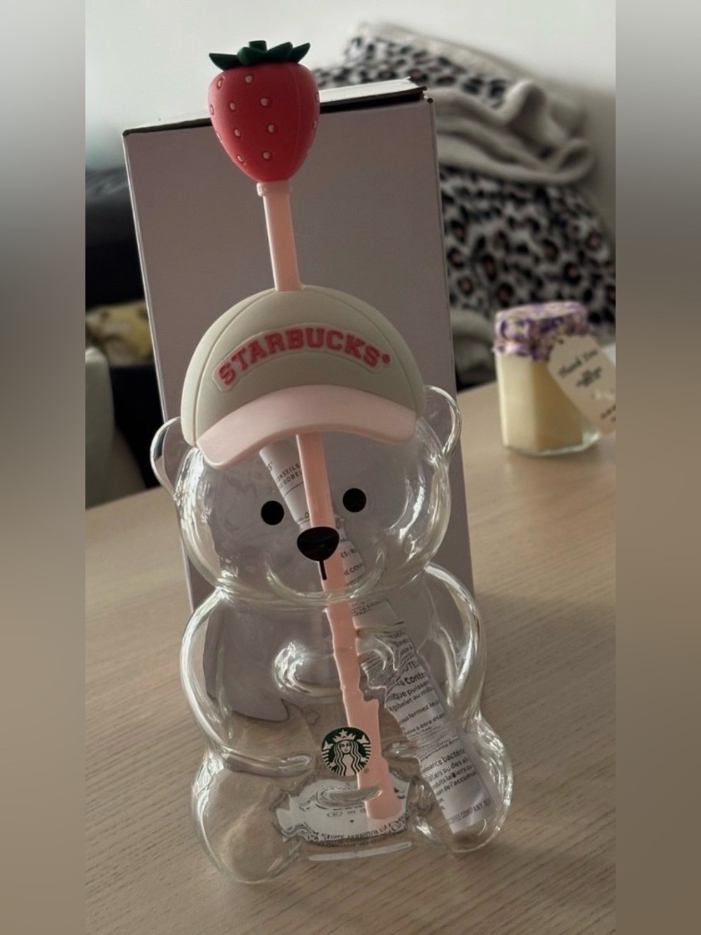 Starbucks Clear Bearista Glass Tumbler with Pink Strawberry Accent 🍓
